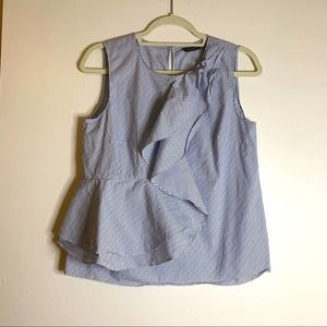 HALOGEN Nordstrom blue/white stripes, sleeveless ,front ruffle top size medium